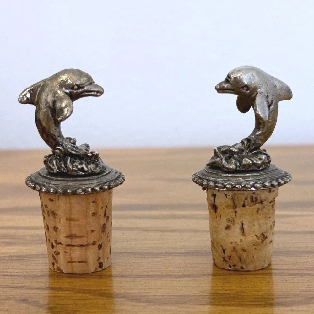 Vintage Dolphin Wine Bottle Stoppers Set of 2 Pewter Tone Coastal Barware Decor